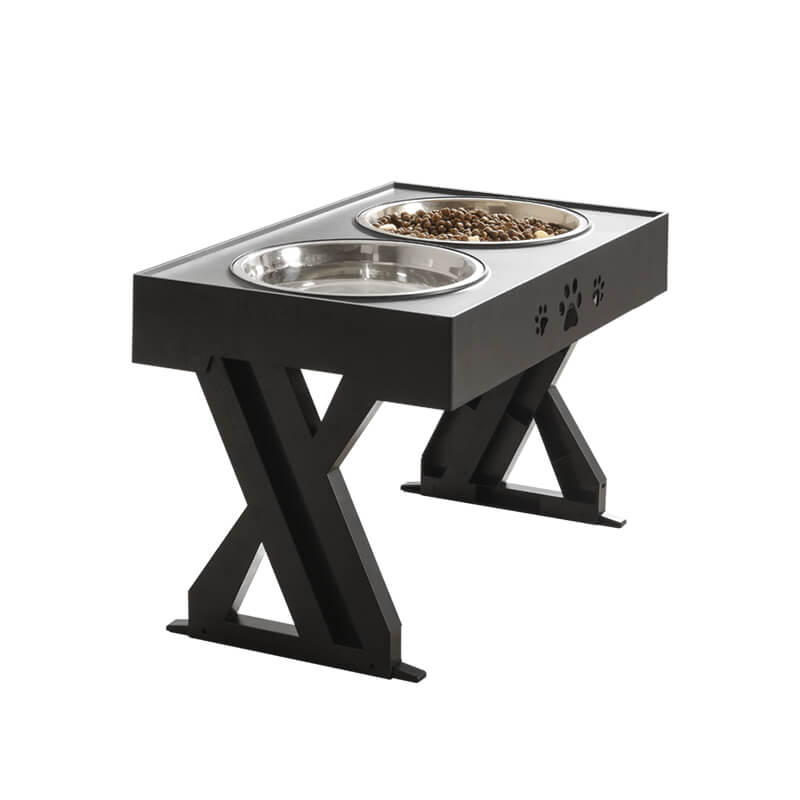 Stylish black pet feeding station with two stainless steel bowls, featuring paw print design and a sturdy X-shaped support that can be adjusted according to the pet's growth